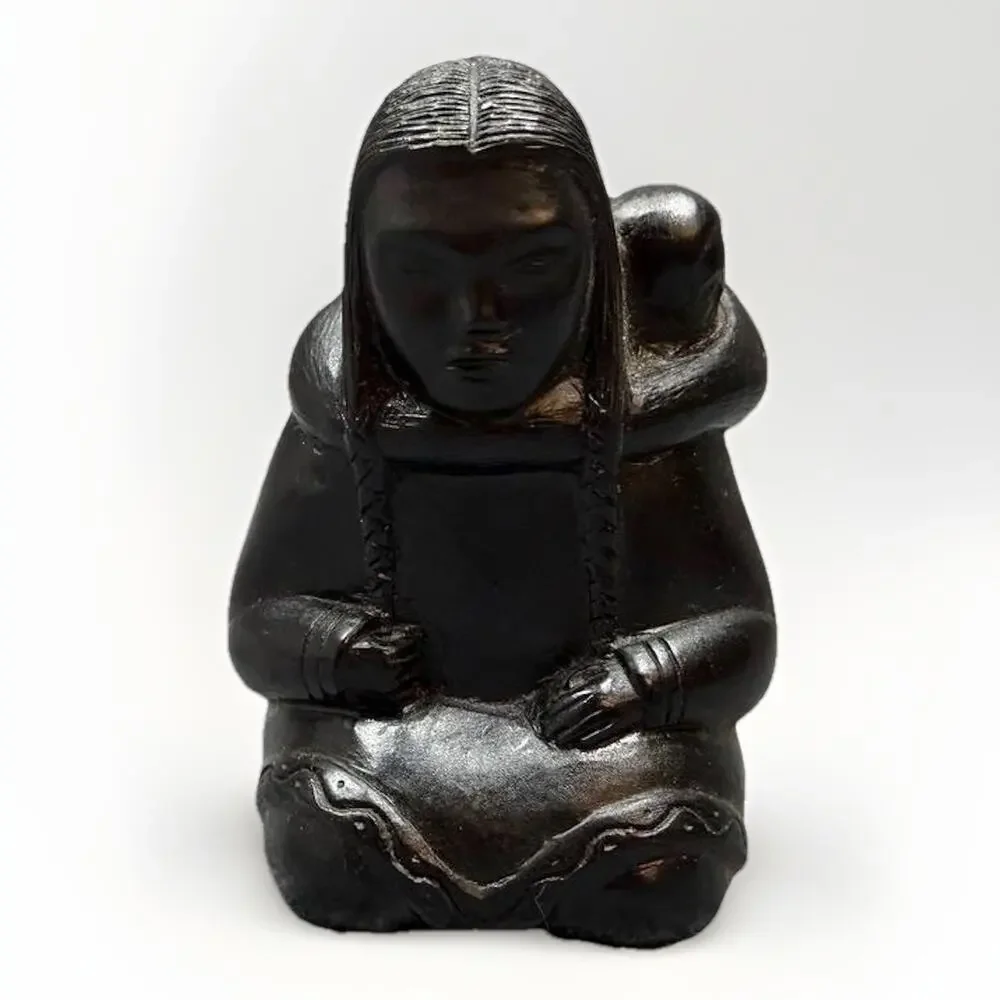 Native American Woman Carrying Child Figurine Southwest Style Black Sculpture
